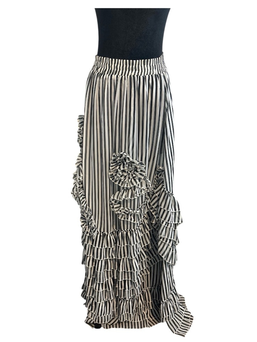 Black and White Striped Ruffle Maxi Skirt